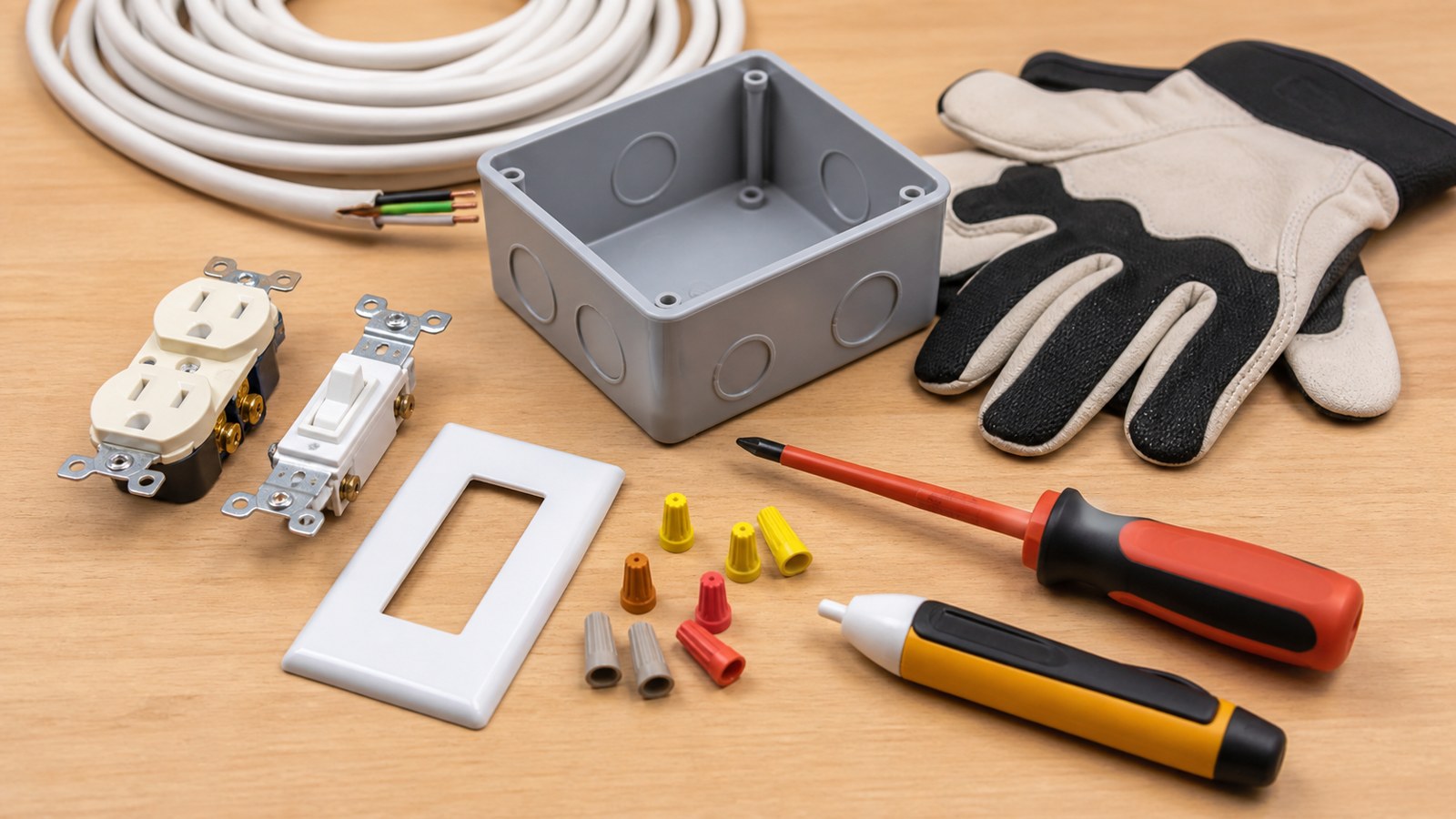 Residential wiring components and insulated tools arranged on a clean workbench