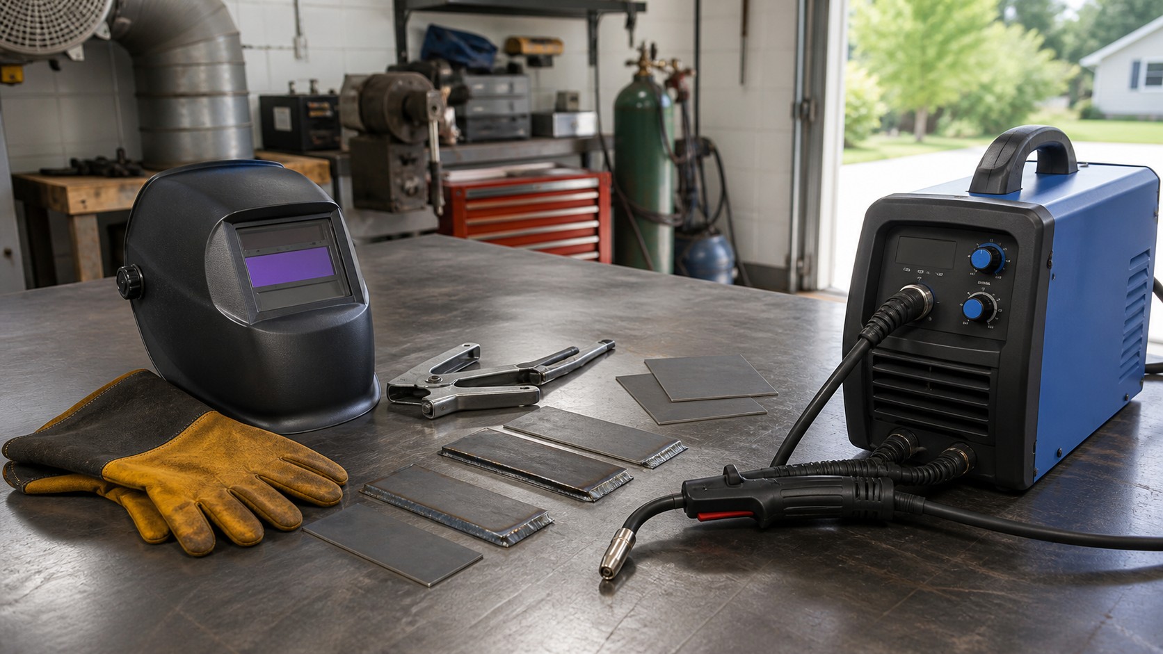 Beginner welding practice station with helmet gloves clamps metal coupons and compact welder