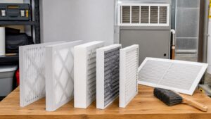 Several unbranded HVAC filters of different thicknesses arranged in a utility room