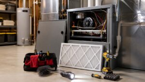 Residential HVAC system maintenance setup with open furnace panel clean air filter and service tools