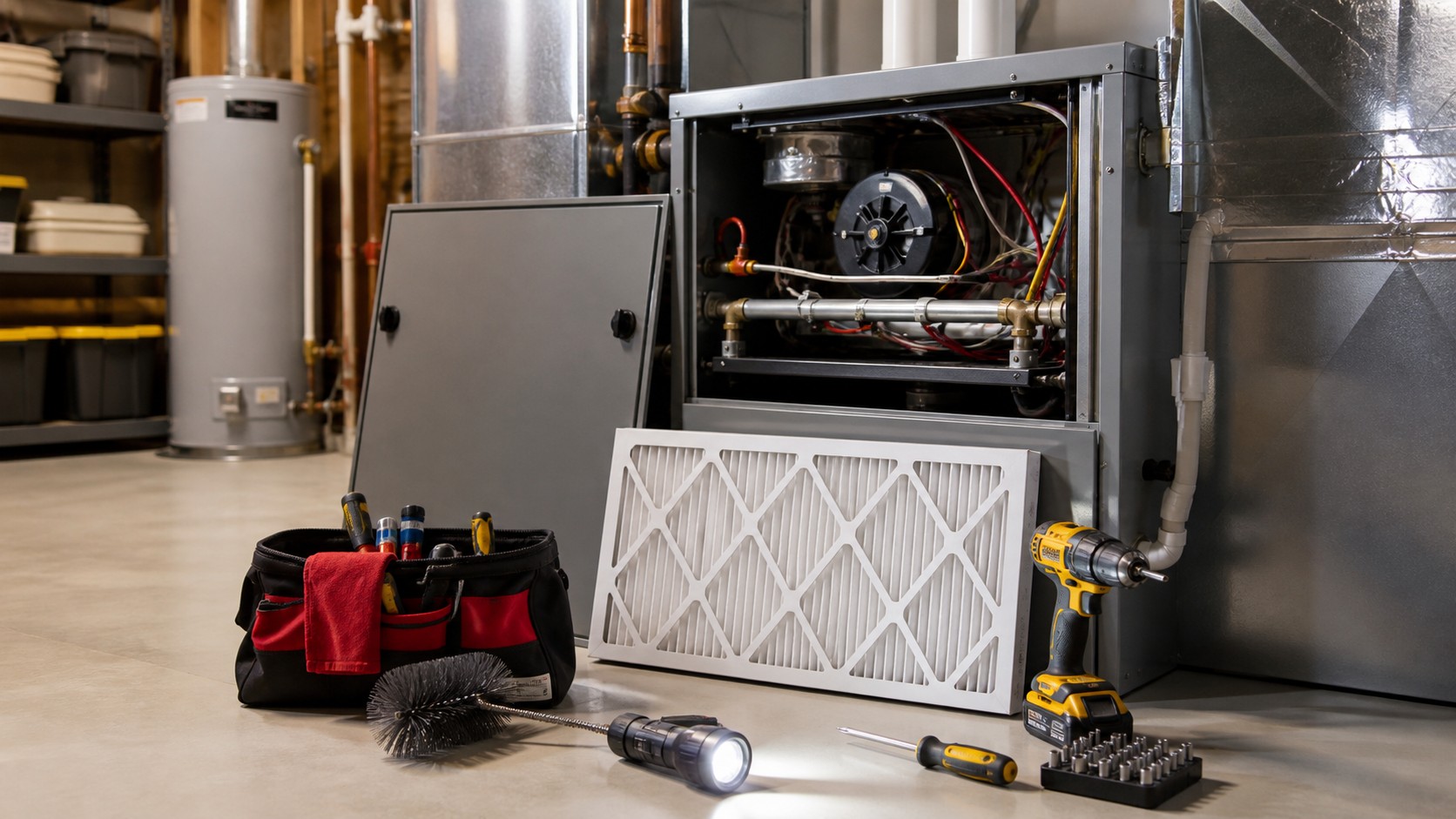 Residential HVAC system maintenance setup with open furnace panel clean air filter and service tools