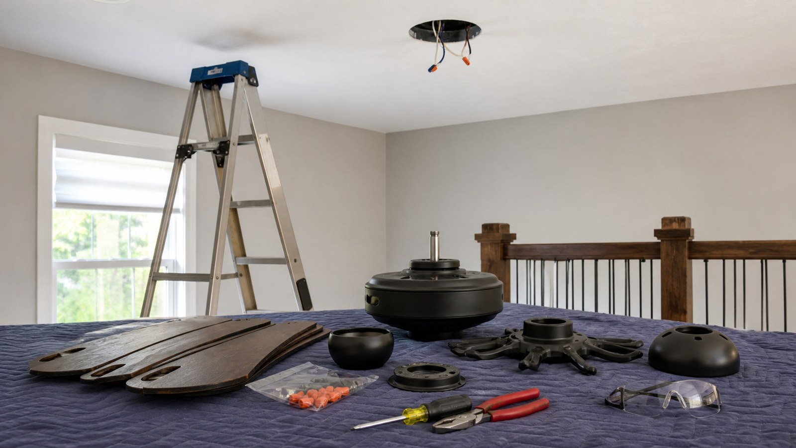 Ceiling fan parts laid out below a ceiling electrical box with ladder and safety gear