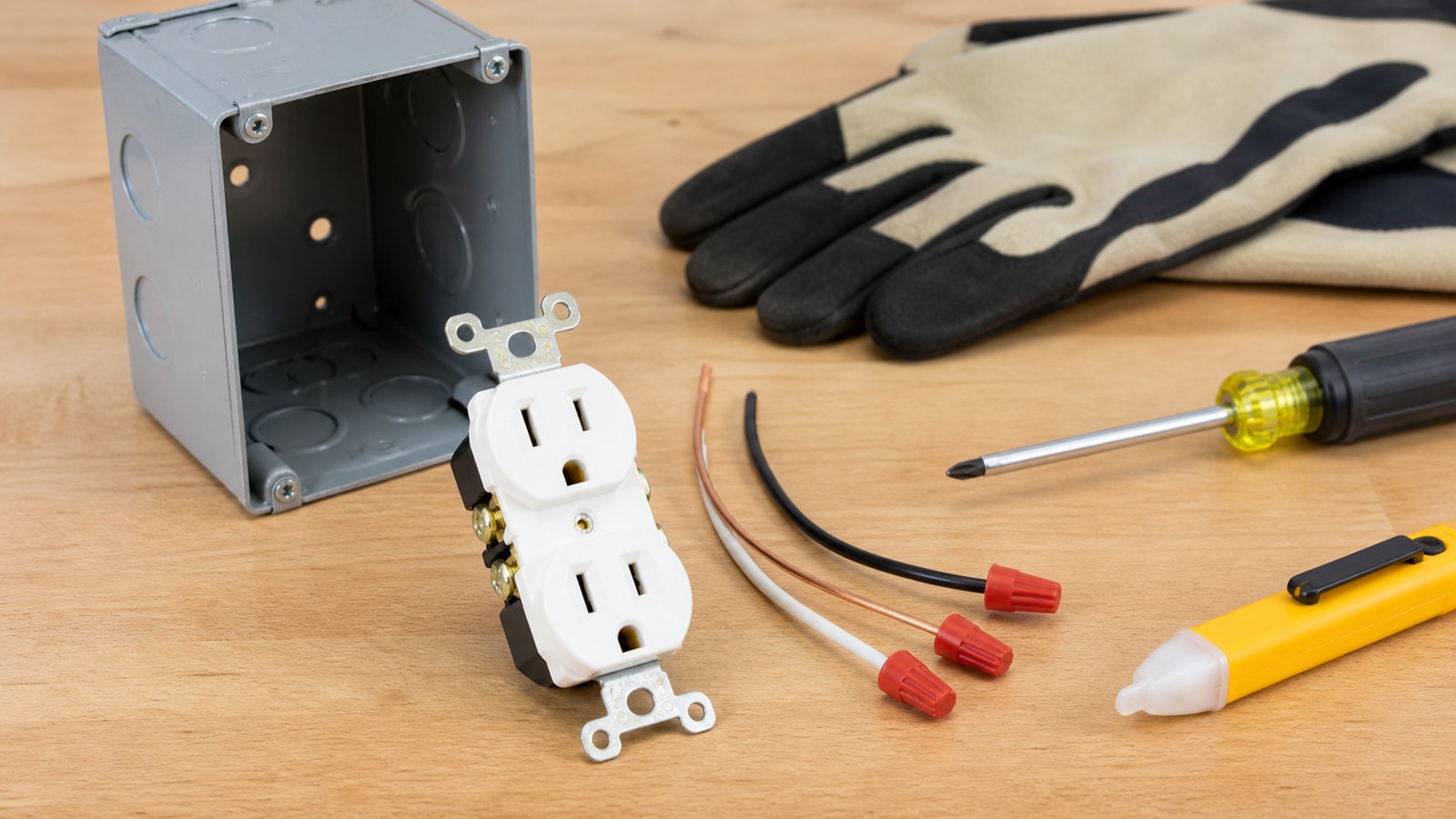 Electrical outlet, box, capped wires and insulated tools staged on a workbench
