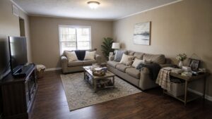 Living room with awkward furniture layout small rug harsh overhead lighting and clutter
