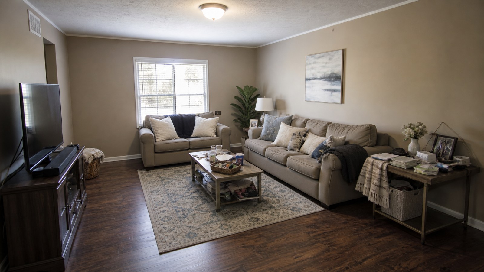 Living room with awkward furniture layout small rug harsh overhead lighting and clutter