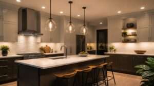 Modern kitchen with pendant recessed and under-cabinet lighting around an island