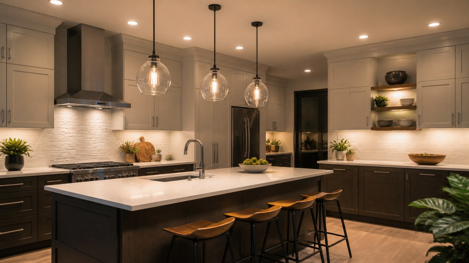 Modern kitchen with pendant recessed and under-cabinet lighting around an island