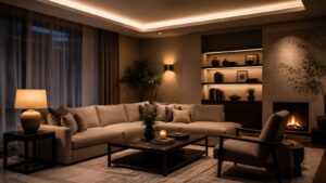 Living room at evening with ambient table wall and shelf accent lighting layers