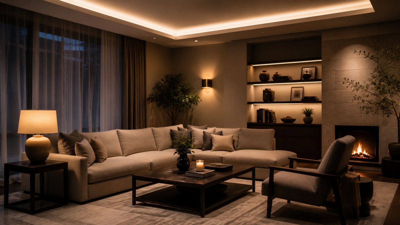 Living room at evening with ambient table wall and shelf accent lighting layers