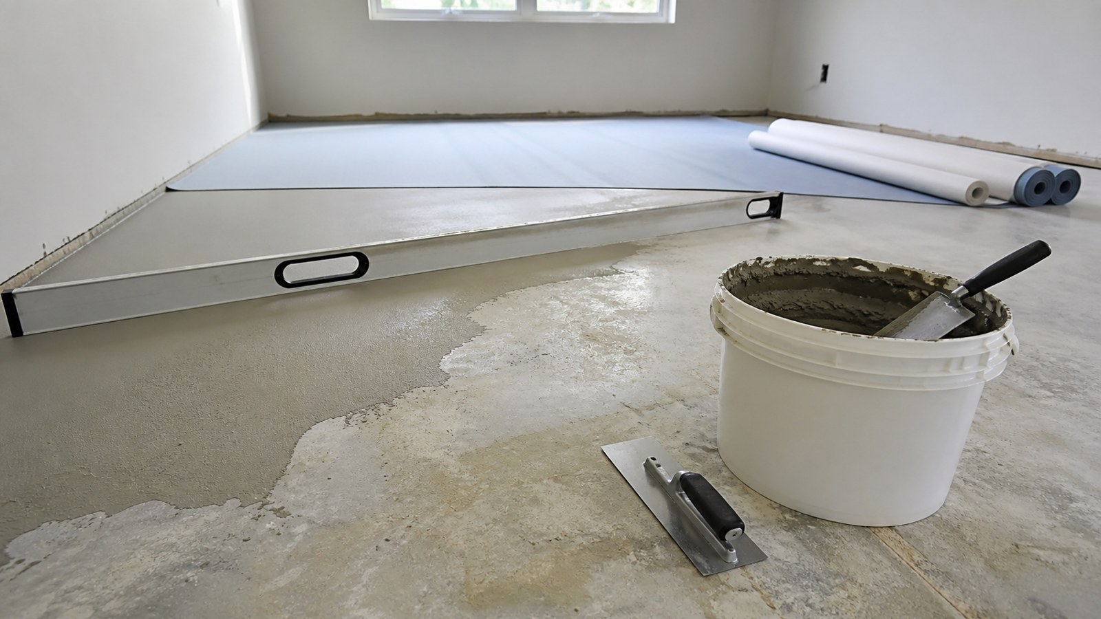 Self-leveling compound bucket and long level on a prepared subfloor