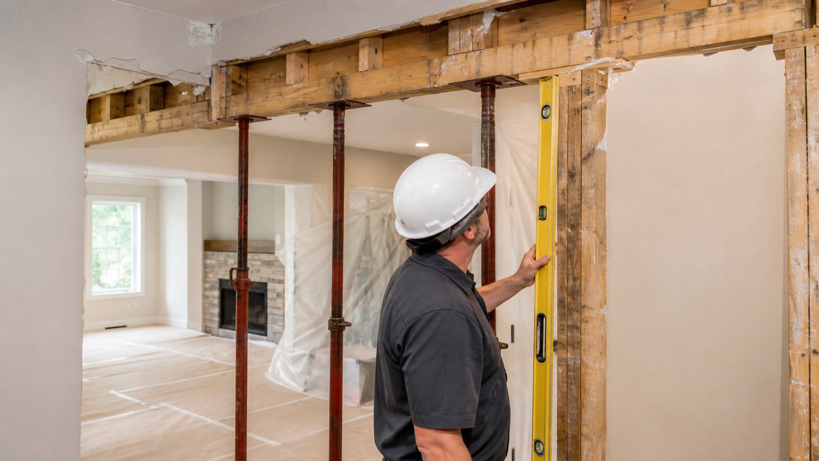 Partially opened interior wall with temporary supports during structural evaluation