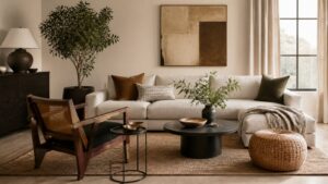 Living room combining modern sofa vintage chair metal table woven texture and balanced rug