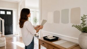 Entry and living room with neutral wall paint samples and natural light