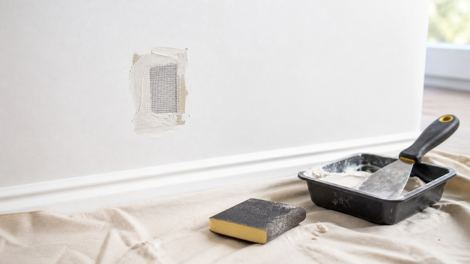 Small drywall mesh patch with compound pan and sanding sponge