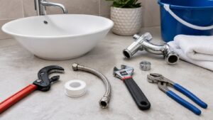 Basic plumbing repair tools supply line tape bucket and towel near a bathroom sink