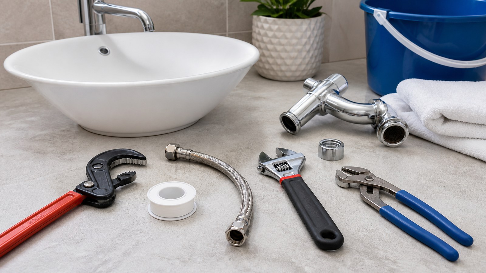 Basic plumbing repair tools supply line tape bucket and towel near a bathroom sink