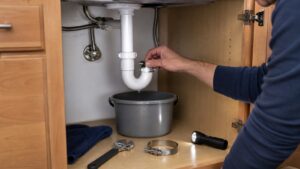 Under-sink pipe drip caught in a bucket with repair tools nearby