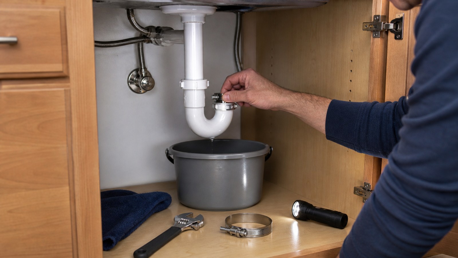 Under-sink pipe drip caught in a bucket with repair tools nearby