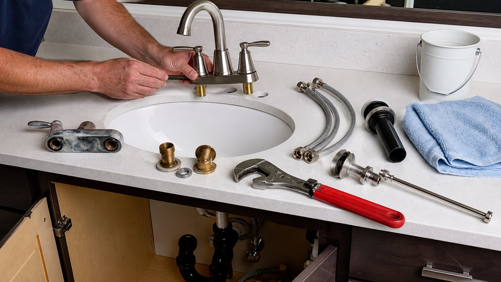 Bathroom sink faucet replacement with supply lines wrench towel and bucket on vanity