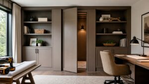 Modern home office with concealed cabinet door partly open to a hidden room entrance
