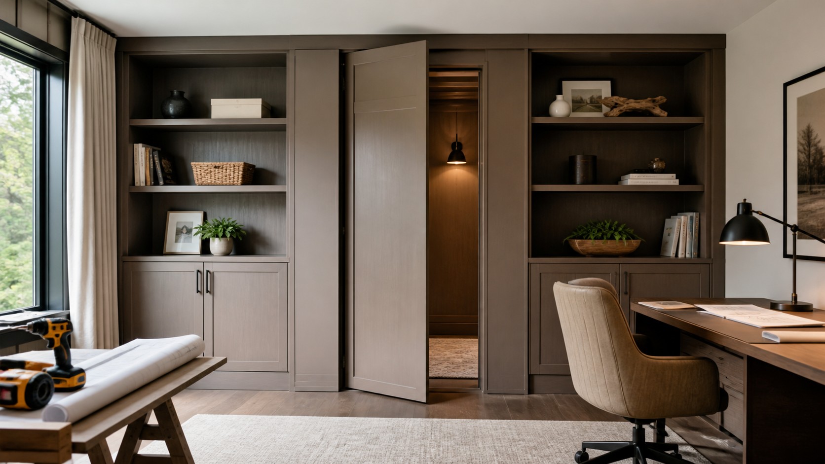 Modern home office with concealed cabinet door partly open to a hidden room entrance