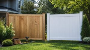 Wood and vinyl fence panels compared in a landscaped backyard