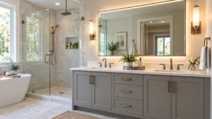 Editorial home improvement scene for Bathroom Lighting Guide: Bright, Functional, and Flattering