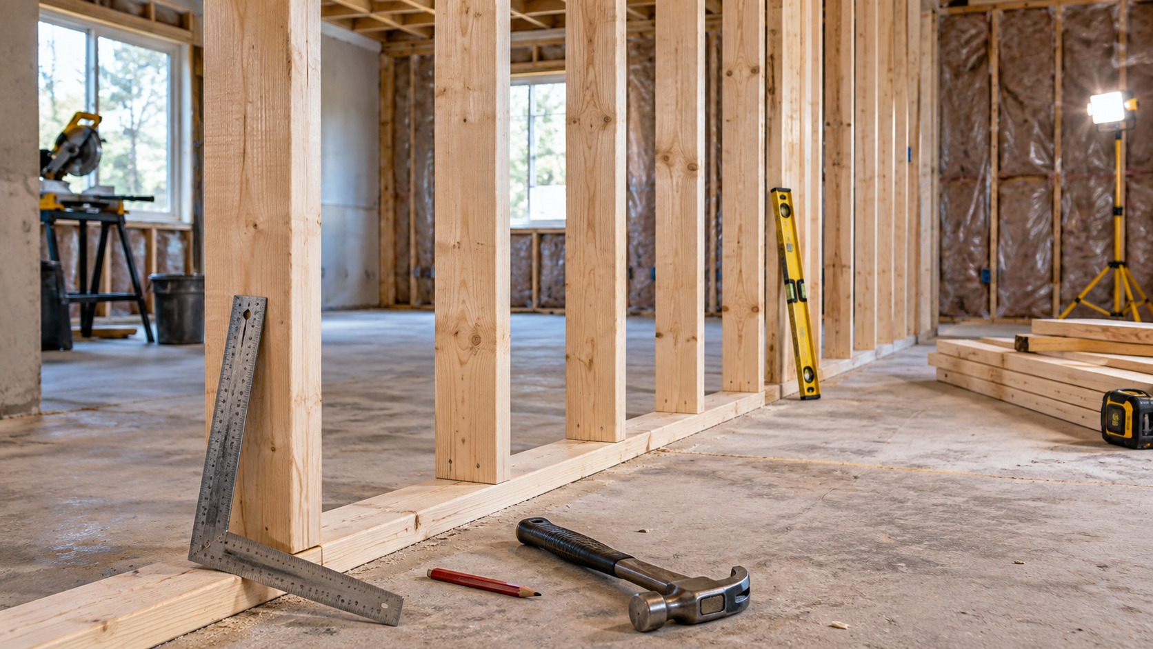 Editorial home improvement scene for DIY Wall Framing: What Every Homeowner Should Know
