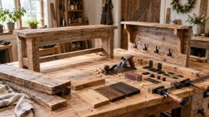 Editorial home improvement scene for Farmhouse Woodworking Projects for Rustic Interiors
