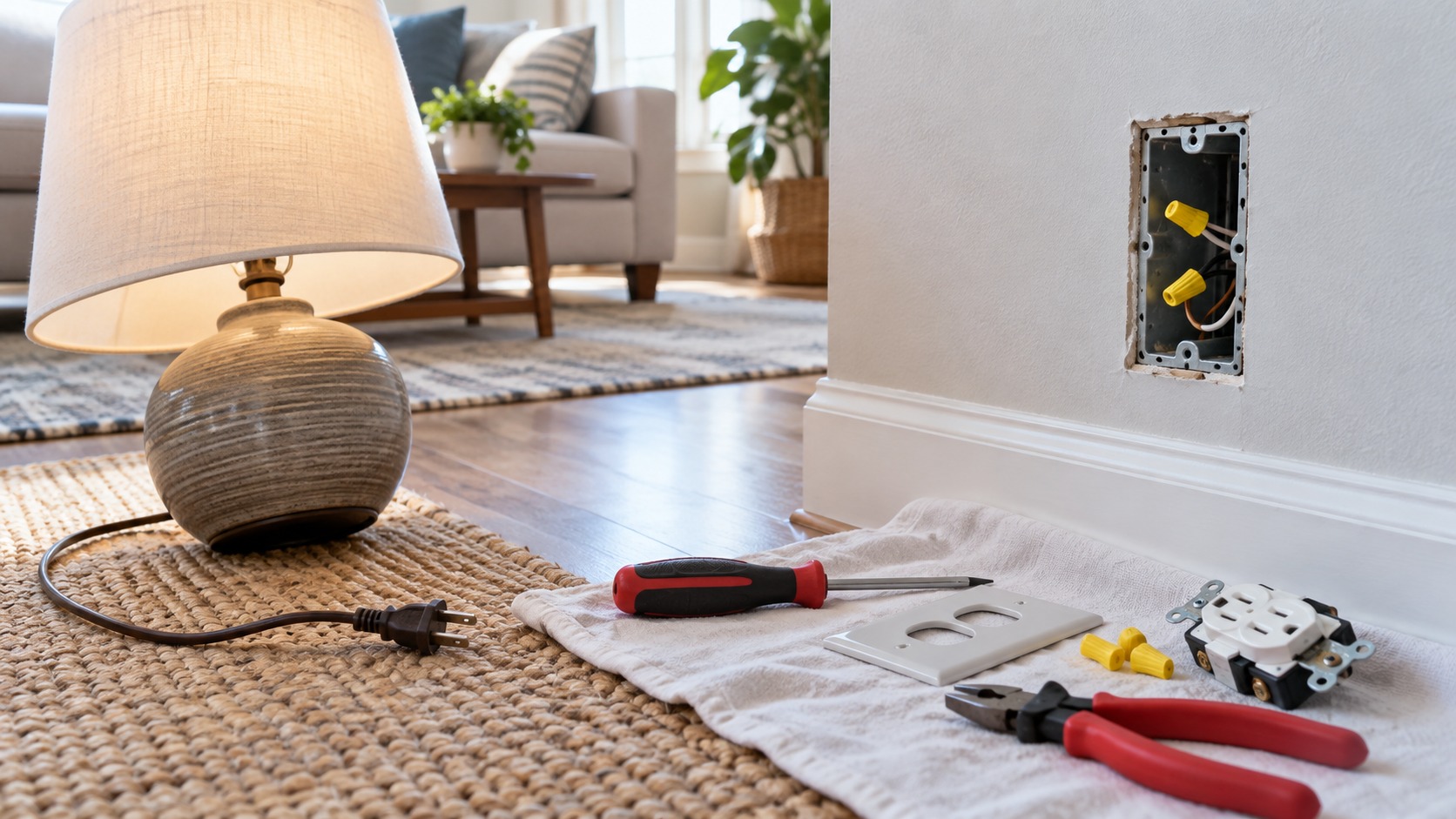 Editorial home improvement scene for How to Fix a Dead Outlet Without Calling an Electrician