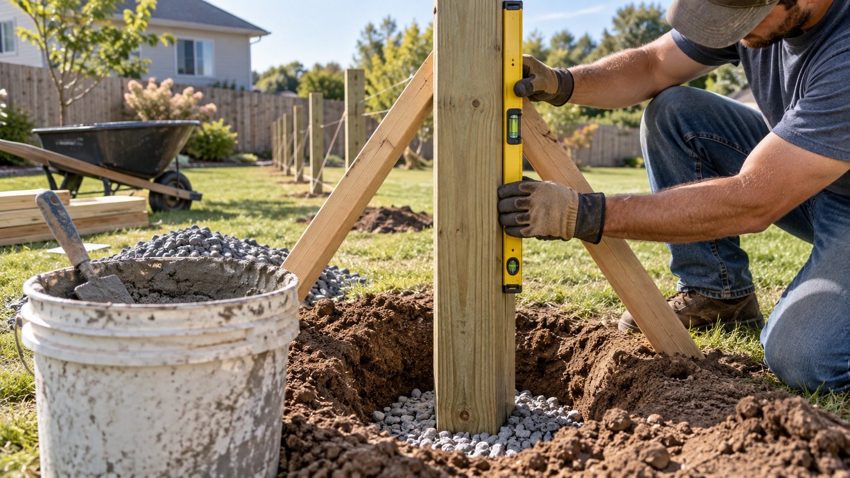 Editorial home improvement scene for How to Install Fence Posts That Last (No Leaning or Rot)