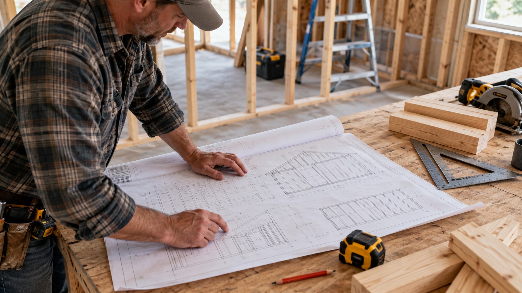 Editorial home improvement scene for How to Read Framing Blueprints and Plans