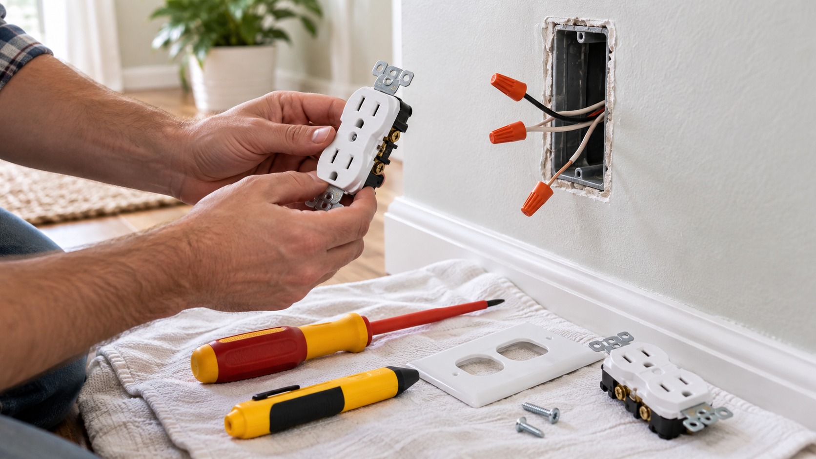 Editorial home improvement scene for How to Replace an Electrical Outlet Safely
