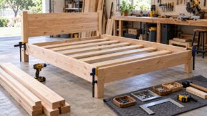 Editorial home improvement scene for Simple Wooden Bed Frame Projects You Can Build Yourself