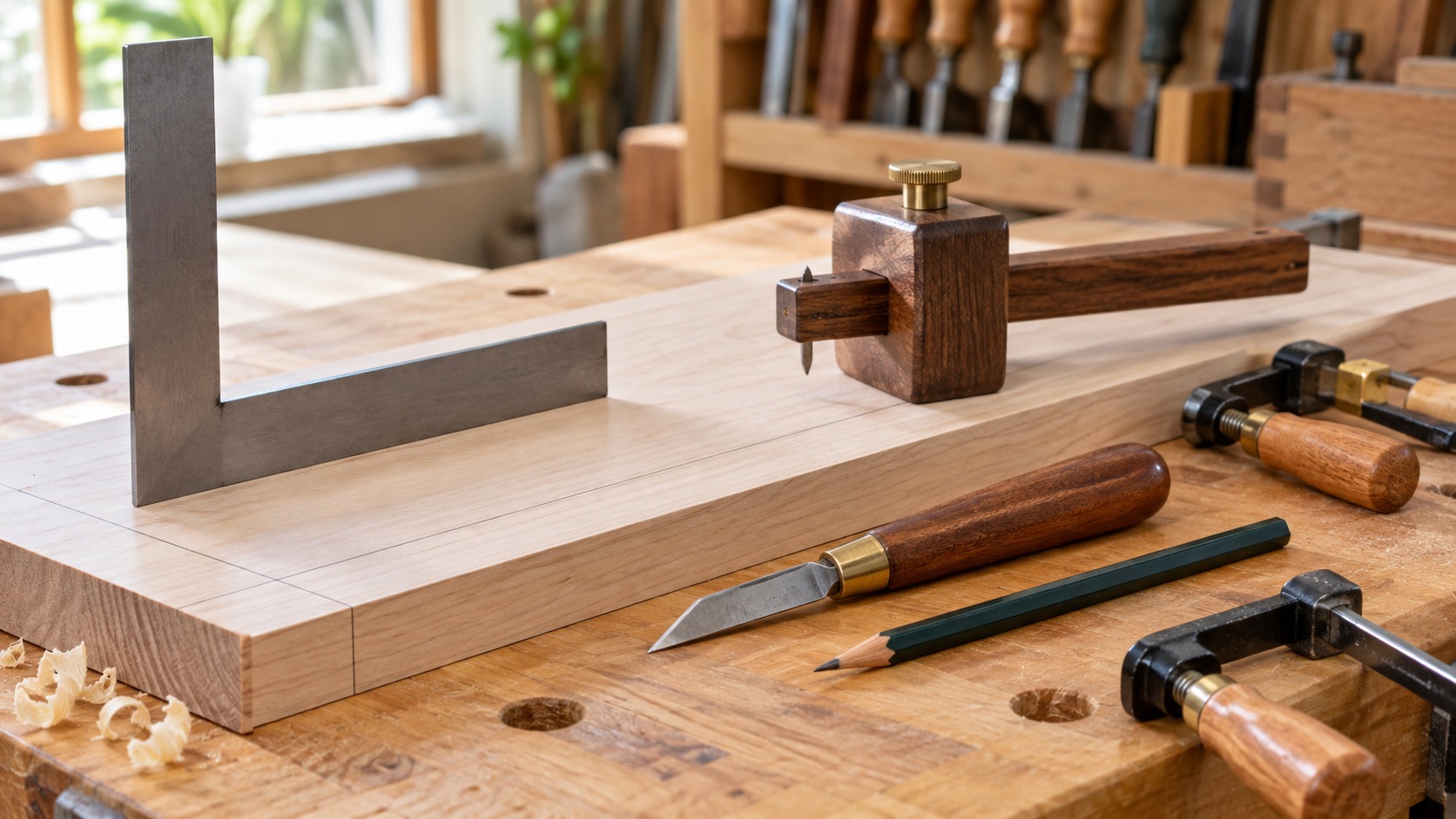 Editorial home improvement scene for The Beginner’s Guide to Woodworking Layout and Marking