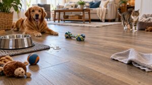 Editorial home improvement scene for The Best Flooring for Homes with Pets (Scratch & Spill Tested)