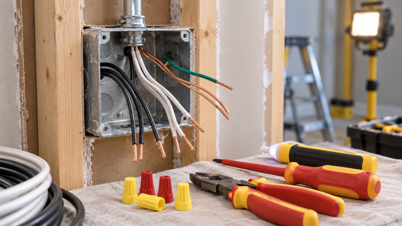 Editorial home improvement scene for Understanding Electrical Wire Colors and What They Mean